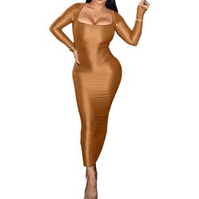 Ophestin Bodycon Maxi Dress for Women Sparkle Long Sleeve Square Neck Skims Long Dress Club Date Night Birthday Dresses