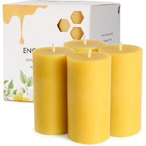 Beeswax Pillar Candles, Natural Bees Wax Candles 2x4 Inch, 4 Pack, Unscented Large Pillar Candle - Smokeless & Dripless, 35-40 Hours Long Burning Time for Home Decor, Dinner, Party