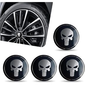 4 PCS Car Hub Center Decorative Cap, 2.2" Personalized Tusk Skull Design Metal High Temperature Resistant Anti-fading Hub Cap Sticker, Modification Accessory, for Most Car Models (Black)