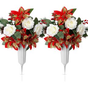 2 Pcs Artificial Christmas Cemetery Flowers with Vase Cemetery Headstones Decoration Bouquet Faux Memorial Flowers with Red Berries White Roses Poinsettia for Grave, Graveyard, Memorial Day