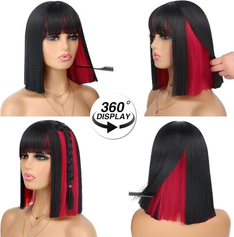 Pink Peekaboo Bob Wig with Bangs Short Straight Bob Wig for Women Shoulder Length Black and Pink Highlights Wig for Daily Party Use (12inch) in Kuwait
