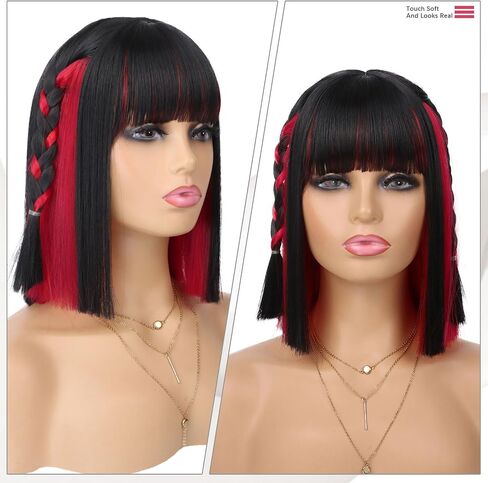 Pink Peekaboo Bob Wig with Bangs Short Straight Bob Wig for Women Shoulder Length Black and Pink Highlights Wig for Daily Party Use (12inch) in Kuwait