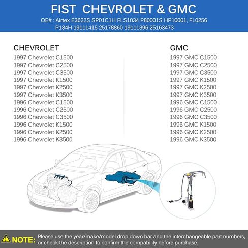استبدال مضخة الوقود FAERSI # E3622S متوافق مع 1996-1997 Chevy | جي إم سي C1500 C2500 C3500 K1500 K2500 K3500 V6 V8 4.3L 5.0L 5.7L 7.4L وحدة الجمعية in Kuwait