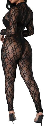 Clubwear Sexy Jumpsuit for Women Bodycon Long Sleeve See Through Long Skinny Pants for Evening Party in Kuwait