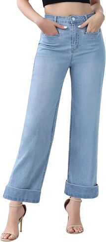 Genleck Ankle Wide Leg Jeans for Women High Waisted Boyfriend Stretchy Straight Trousers Pants with Pockets Trendy in Saudi Arabia