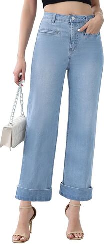 Genleck Ankle Wide Leg Jeans for Women High Waisted Boyfriend Stretchy Straight Trousers Pants with Pockets Trendy in Saudi Arabia