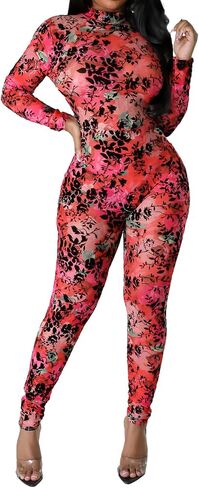 Clubwear Sexy Jumpsuit for Women Bodycon Long Sleeve See Through Long Skinny Pants for Evening Party in Kuwait