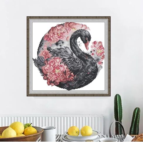 طقم غرز متقاطعة من الزهور الفاخرة 14 قيراط من Bilrost لعشاق: تطريز ممتاز DIY لديكور المنزل الأنيق والهدايا - البجعة السوداء 12.6 × 12.2 بوصة in Kuwait