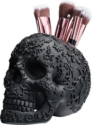 فرشاة مكياج على شكل جمجمة، وعاء حلوى وحامل أقلام رصاص، وعاء خدعة أو حلوى، ديكور قوطي، راتنج كبير جدًا، جمجمة هيكل عظمي جمجمة قوطية وعظام منظم غرفة النوم ديكور فريد (أسود) in Kuwait