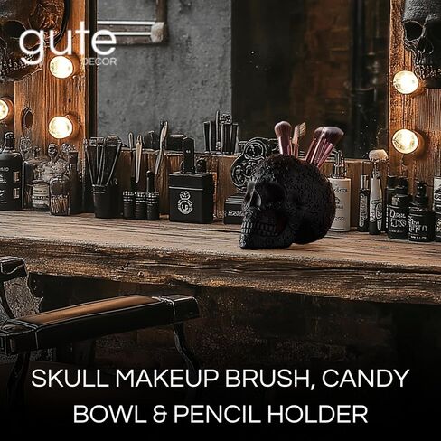 فرشاة مكياج على شكل جمجمة، وعاء حلوى وحامل أقلام رصاص، وعاء خدعة أو حلوى، ديكور قوطي، راتنج كبير جدًا، جمجمة هيكل عظمي جمجمة قوطية وعظام منظم غرفة النوم ديكور فريد (أسود) in Kuwait