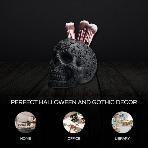فرشاة مكياج على شكل جمجمة، وعاء حلوى وحامل أقلام رصاص، وعاء خدعة أو حلوى، ديكور قوطي، راتنج كبير جدًا، جمجمة هيكل عظمي جمجمة قوطية وعظام منظم غرفة النوم ديكور فريد (أسود) in Kuwait