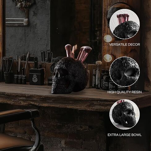 فرشاة مكياج على شكل جمجمة، وعاء حلوى وحامل أقلام رصاص، وعاء خدعة أو حلوى، ديكور قوطي، راتنج كبير جدًا، جمجمة هيكل عظمي جمجمة قوطية وعظام منظم غرفة النوم ديكور فريد (أسود) in Kuwait