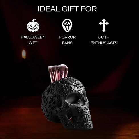 فرشاة مكياج على شكل جمجمة، وعاء حلوى وحامل أقلام رصاص، وعاء خدعة أو حلوى، ديكور قوطي، راتنج كبير جدًا، جمجمة هيكل عظمي جمجمة قوطية وعظام منظم غرفة النوم ديكور فريد (أسود) in Kuwait
