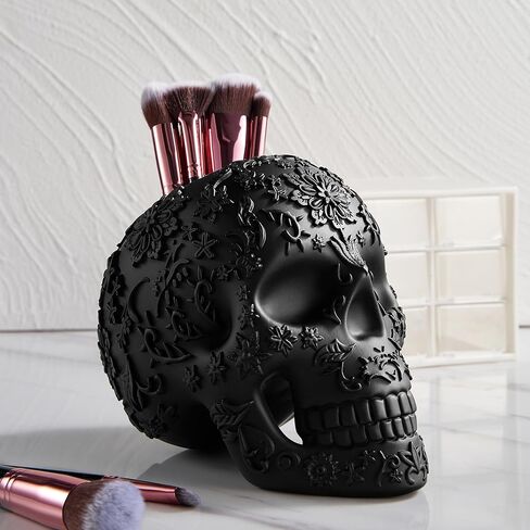 فرشاة مكياج على شكل جمجمة، وعاء حلوى وحامل أقلام رصاص، وعاء خدعة أو حلوى، ديكور قوطي، راتنج كبير جدًا، جمجمة هيكل عظمي جمجمة قوطية وعظام منظم غرفة النوم ديكور فريد (أسود) in Kuwait