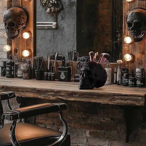 فرشاة مكياج على شكل جمجمة، وعاء حلوى وحامل أقلام رصاص، وعاء خدعة أو حلوى، ديكور قوطي، راتنج كبير جدًا، جمجمة هيكل عظمي جمجمة قوطية وعظام منظم غرفة النوم ديكور فريد (أسود) in Kuwait