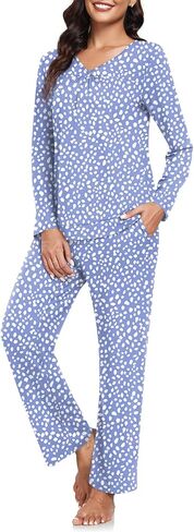 CATHY Women Pajama Sets V-neck Comfy Lounge Set Soft Long Sleeve Pj Sleepwear with Pockets in Kuwait