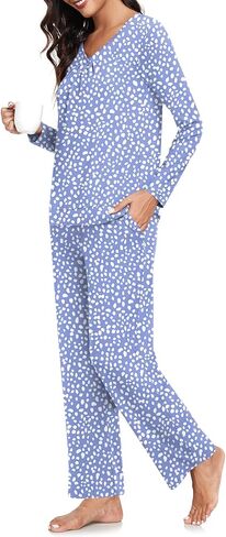 CATHY Women Pajama Sets V-neck Comfy Lounge Set Soft Long Sleeve Pj Sleepwear with Pockets in Kuwait