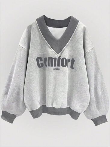 سويت شيرت نسائي من GORGLITTER بأكمام طويلة ورسومات فضفاضة ورقبة على شكل حرف V ومبطن حراريًا in Saudi Arabia