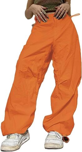 Women Y2k Low Rise Cargo Pants Baggy Drawstring Elastic Waist Wide Leg Parachute Trousers Vintage Loose Streetwear in Saudi Arabia