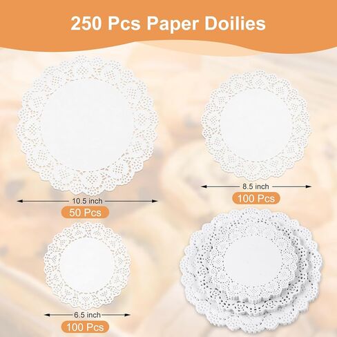 PECULA Paper Doilies, 250 Pack White Lace Doilies, 6.5, 8.5, and 10.5 Inch Doilies for Food, Crafts, Baby Showers, Parties, Wedding, Birthday, Tableware Decoration in Kuwait