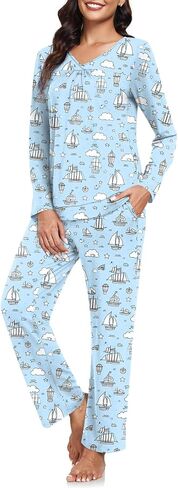 CATHY Women Pajama Sets V-neck Comfy Lounge Set Soft Long Sleeve Pj Sleepwear with Pockets in Kuwait