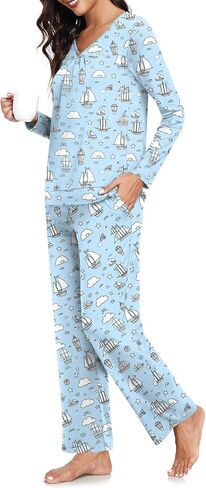 CATHY Women Pajama Sets V-neck Comfy Lounge Set Soft Long Sleeve Pj Sleepwear with Pockets in Kuwait