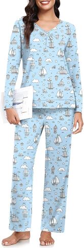 CATHY Women Pajama Sets V-neck Comfy Lounge Set Soft Long Sleeve Pj Sleepwear with Pockets in Kuwait