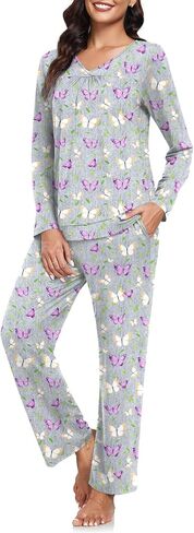 CATHY Women Pajama Sets V-neck Comfy Lounge Set Soft Long Sleeve Pj Sleepwear with Pockets in Kuwait