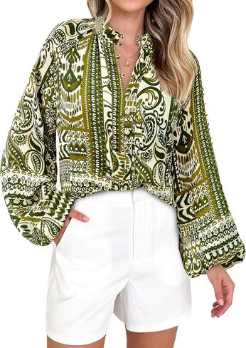 MASCOMODA Womens Boho Floral Print Fall Tops Dressy Casual V Neck Button Down Lantern Long Sleeve Shirts Chiffon Work Blouse in Kuwait