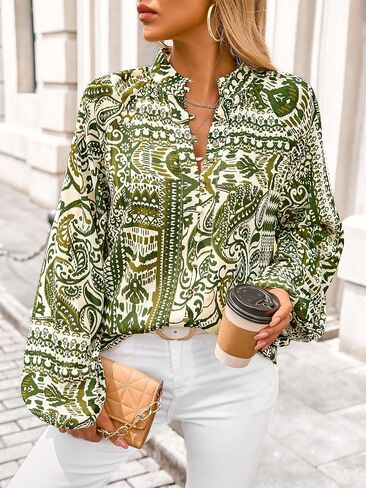 MASCOMODA Womens Boho Floral Print Fall Tops Dressy Casual V Neck Button Down Lantern Long Sleeve Shirts Chiffon Work Blouse in Kuwait