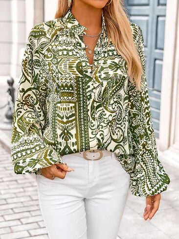 MASCOMODA Womens Boho Floral Print Fall Tops Dressy Casual V Neck Button Down Lantern Long Sleeve Shirts Chiffon Work Blouse in Kuwait