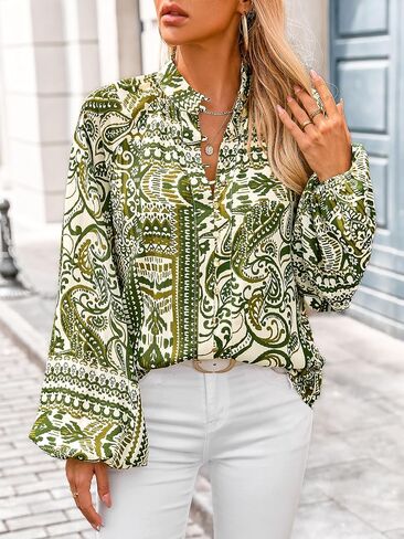 MASCOMODA Womens Boho Floral Print Fall Tops Dressy Casual V Neck Button Down Lantern Long Sleeve Shirts Chiffon Work Blouse in Kuwait