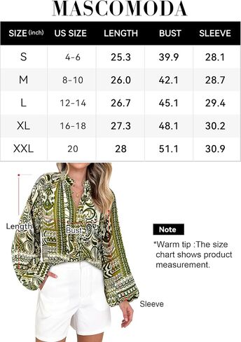MASCOMODA Womens Boho Floral Print Fall Tops Dressy Casual V Neck Button Down Lantern Long Sleeve Shirts Chiffon Work Blouse in Kuwait