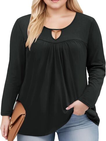 VISLILY Womens-Plus-Size-Dressy-Tops Trendy Keyhole Crewneck T Shirts Casual Long Sleeve Tunics Flowy Pleated Blouses XL-5XL in Kuwait