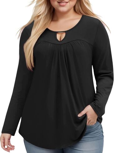 VISLILY Womens-Plus-Size-Dressy-Tops Trendy Keyhole Crewneck T Shirts Casual Long Sleeve Tunics Flowy Pleated Blouses XL-5XL in Kuwait