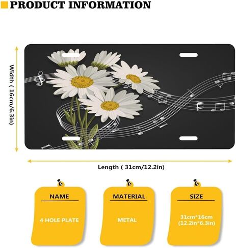 License Plate Music Notes and Daisy Flowers On Black Decorative Car Front License Plate,Vanity Tag,Metal Car Plate,Aluminum Novelty License Plate for Men/Women/Boy/Girls Car,6 X 12inch in Kuwait