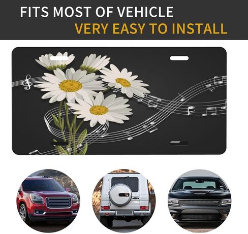 License Plate Music Notes and Daisy Flowers On Black Decorative Car Front License Plate,Vanity Tag,Metal Car Plate,Aluminum Novelty License Plate for Men/Women/Boy/Girls Car,6 X 12inch in Kuwait