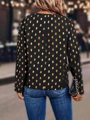 MakeMeChic Women's Polka Dots V Neck Half Zip Blouse Long Sleeve Casual Shirt Top in Saudi Arabia