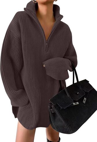 ZESICA Women's 2024 Long Sleeve Mini Sweater Dress Fall Quarter Zip Ribbed Knit Oversized Pullover Jumper Sweaters in Saudi Arabia