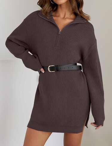 ZESICA Women's 2024 Long Sleeve Mini Sweater Dress Fall Quarter Zip Ribbed Knit Oversized Pullover Jumper Sweaters in Saudi Arabia