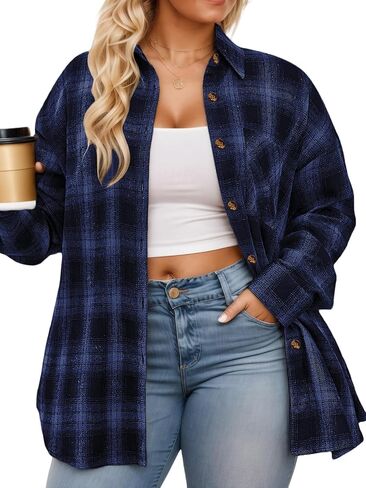 VISLILY Plus-Size-Tops for Women Casual Button Down Flannel Plaid Shirts Long Sleeve Tunics Collared Dressy Blouses XL-5XL in Kuwait