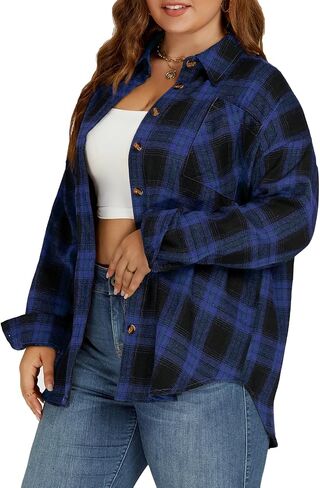 VISLILY Plus-Size-Tops for Women Casual Button Down Flannel Plaid Shirts Long Sleeve Tunics Collared Dressy Blouses XL-5XL in Kuwait