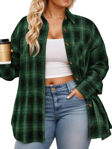 VISLILY Plus-Size-Tops for Women Casual Button Down Flannel Plaid Shirts Long Sleeve Tunics Collared Dressy Blouses XL-5XL in Kuwait