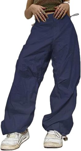 Women Y2k Low Rise Cargo Pants Baggy Drawstring Elastic Waist Wide Leg Parachute Trousers Vintage Loose Streetwear in Saudi Arabia