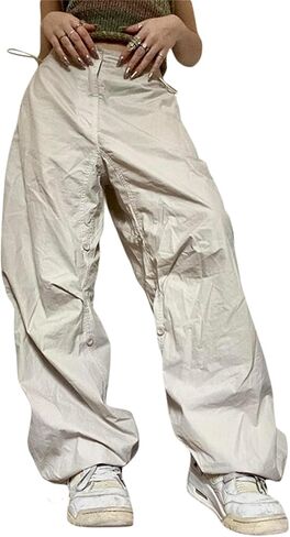 Women Y2k Low Rise Cargo Pants Baggy Drawstring Elastic Waist Wide Leg Parachute Trousers Vintage Loose Streetwear in Saudi Arabia