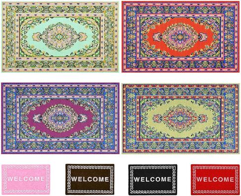 8 Pieces 1:12 Miniature Carpet Dollhouse Accessories, Includes 4 Pieces Turkishness Floral Print Vintage Woven Rugs, 4 Pieces Mini Welcome Floor Blanket Dollhouse Blankets Doll House Furniture Decor in Saudi Arabia