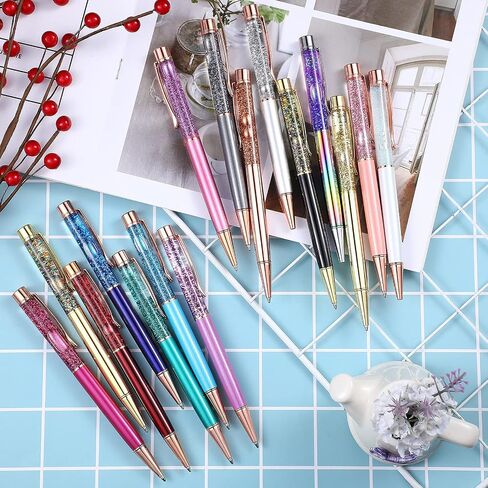 HESTYA 16 Pieces Ballpoint Pens Flower Dynamic Crystal Pens for School Black Ink Ballpoint Pens Flower Liquid Sand Pen for Birthday, Back to School Seasons, Wedding, Home Office(Liquid Style) in Saudi Arabia