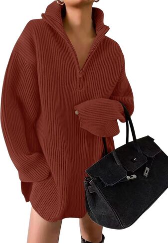 ZESICA Women's 2024 Long Sleeve Mini Sweater Dress Fall Quarter Zip Ribbed Knit Oversized Pullover Jumper Sweaters in Saudi Arabia