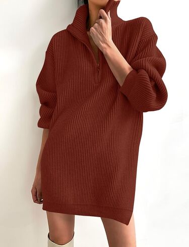 ZESICA Women's 2024 Long Sleeve Mini Sweater Dress Fall Quarter Zip Ribbed Knit Oversized Pullover Jumper Sweaters in Saudi Arabia