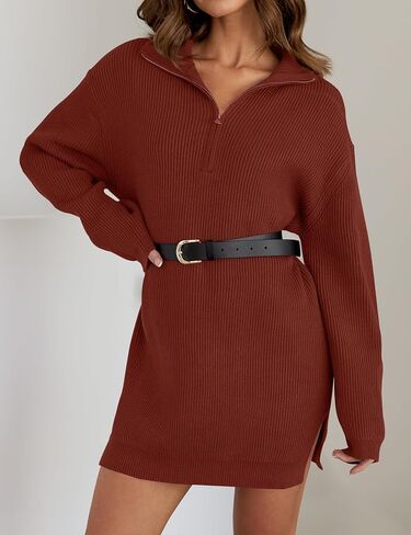 ZESICA Women's 2024 Long Sleeve Mini Sweater Dress Fall Quarter Zip Ribbed Knit Oversized Pullover Jumper Sweaters in Saudi Arabia